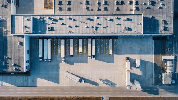 Aerial View of Distribution Center with Trucks Parked at Loading Docks, Logistics and Transportation photo