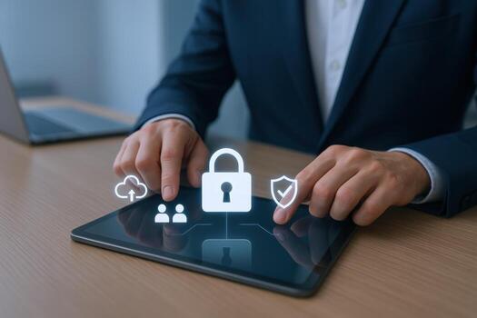 Cybersecurity professional using tablet for data protection and network security strategy implementation in business photo