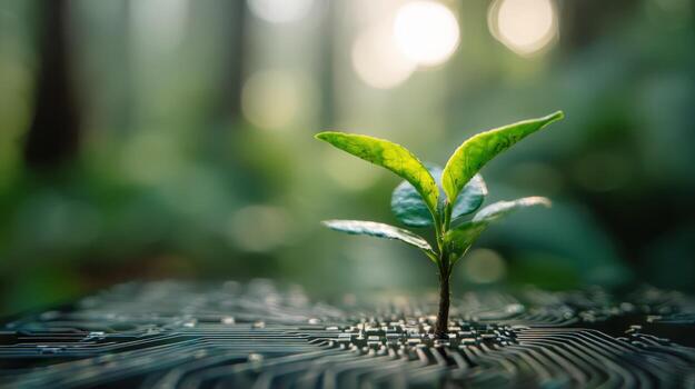 Sustainable Technology A Fresh Green Sprout Emerging from Circuit Board, Symbolizing Innovation and Growth photo
