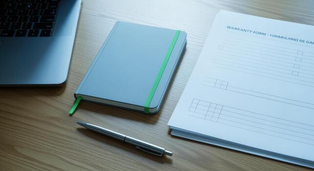 Workspace Composition Laptop, Notebook, Pen, and Document on a Wooden Desk, Promoting Productivity and Organization photo