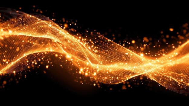 Abstract Golden Light Wave Background with Sparkling Particles and Dynamic Flowing Design on Black photo
