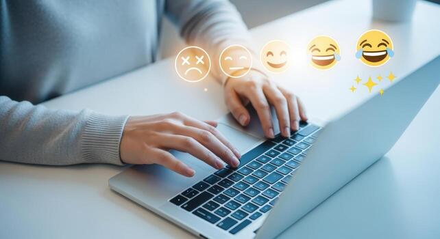 Customer Feedback Survey on Laptop User Typing Response with Emoji Scale for Satisfaction Rating photo