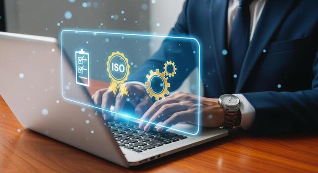 Quality Assurance and Standards Businessman Working on Laptop with ISO Certification Graphic Overlay photo