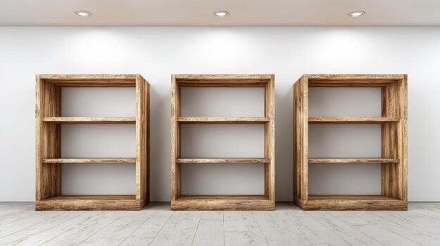 Three Empty Wooden Bookcases Stand Against a White Wall, Offering Storage and Display Potential photo