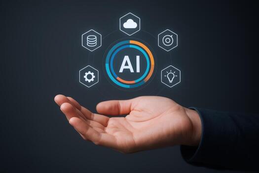 Artificial Intelligence Concept Hand Presenting AI Circle with Cloud, Database, Goal, Gear, and Lightbulb Icons photo