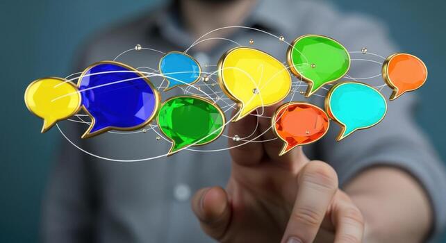 Communication Concept with Colorful Speech Bubbles and Hand Interaction Showing Connection and Networking photo