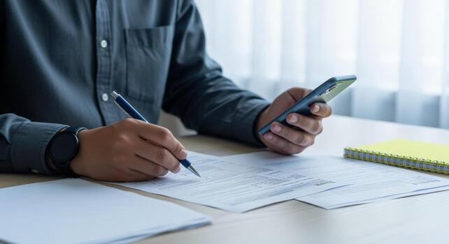 Man fills out forms while using mobile phone for reference, working from home office setup photo