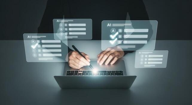 en línea encuesta y prueba con moderno interfaz un persona completando un digital evaluación en ordenador portátil foto