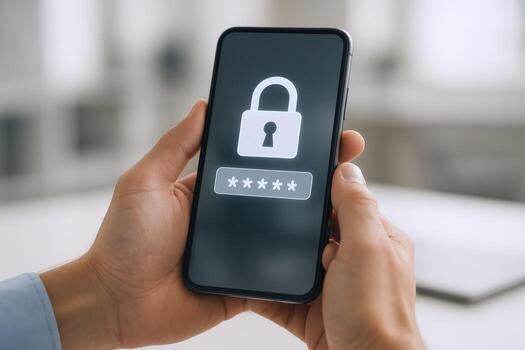 Smartphone Security Concept Person Securing Mobile Device with Password Protection and Encrypted Lock Screen photo