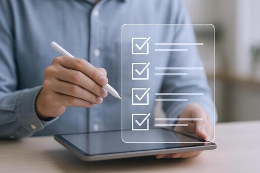 Digital Checklist on Tablet with Stylus, Man Completing Tasks, Business Workflow Management photo