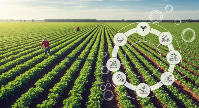 Precision Agriculture Field Monitoring with Technology Overlay Displaying Smart Farming Solutions for Sustainable Crop Management and Yield photo