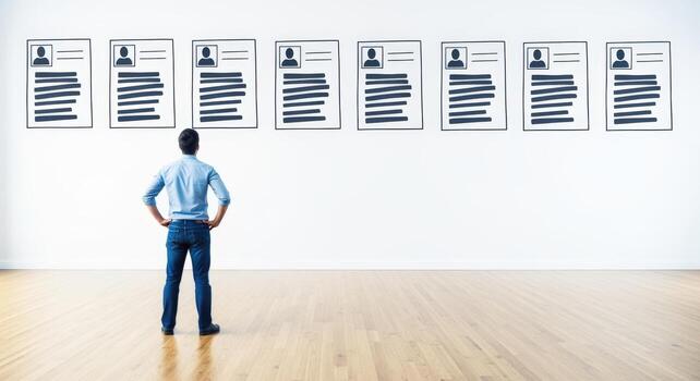 Man Standing Before Resumes Displayed on Wall Job Search, Recruitment, and Selection Process photo