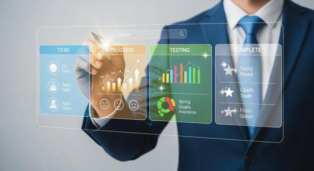 proyecto administración tablero desplegado en digital pantalla con negocio persona vistiendo azul traje señalando a Progreso sección foto