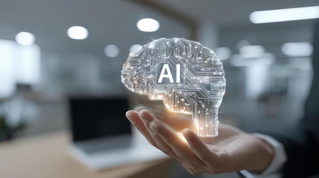 artificial inteligencia cerebro holograma retenida en mano futurista tecnología concepto para innovación y desarrollo foto