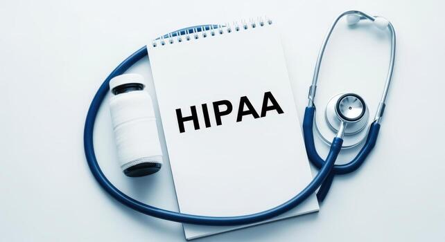 Medical Compliance Concept Notebook displaying HIPAA regulation next to Stethoscope and Pill Bottle on Clean Background photo