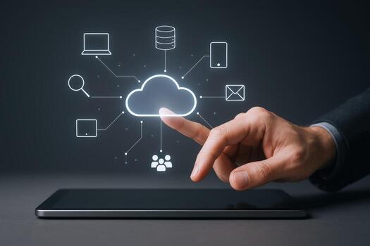 Cloud Computing Technology Concept Mans Hand Interacting with a Cloud Interface on Tablet photo