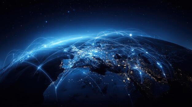 Global Network Connection Over Europe with Illuminated Cities and Data Transmission Lines in Dark Space photo