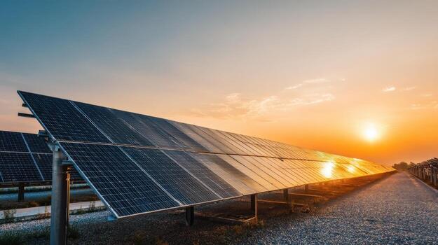 Solar Panel Array at Sunset Renewable Energy Generation for Sustainable Future Power Solutions photo
