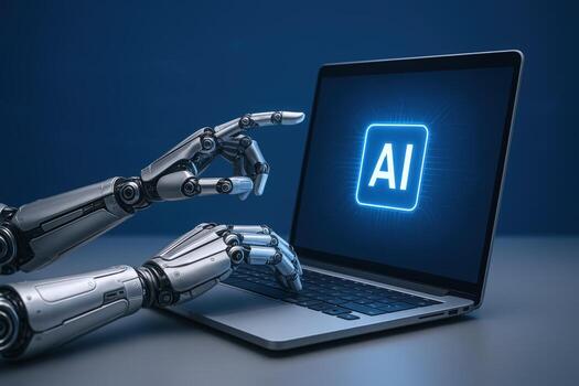 AI-Powered Automation Robot Hands Interact with Laptop Screen Displaying Artificial Intelligence Icon in Futuristic Setting photo