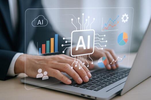 AI-Powered Data Analysis Businessman Using Laptop with Artificial Intelligence Interface for Business Insights and Decision Making photo