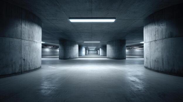 Abstract Underground Parking Garage with Concrete Pillars and Overhead Lighting in a Modern Architectural Design photo