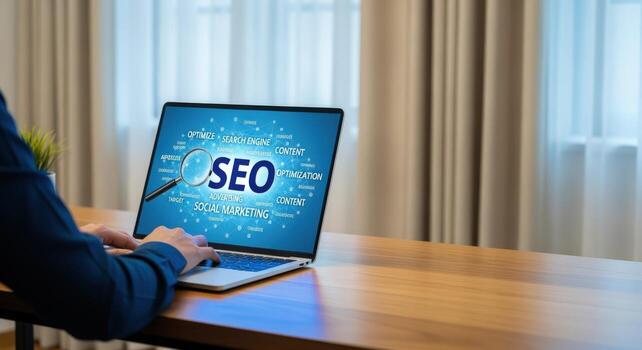 SEO Optimization Strategy on Laptop Screen Displaying Search Engine Technology and Online Marketing Concepts photo