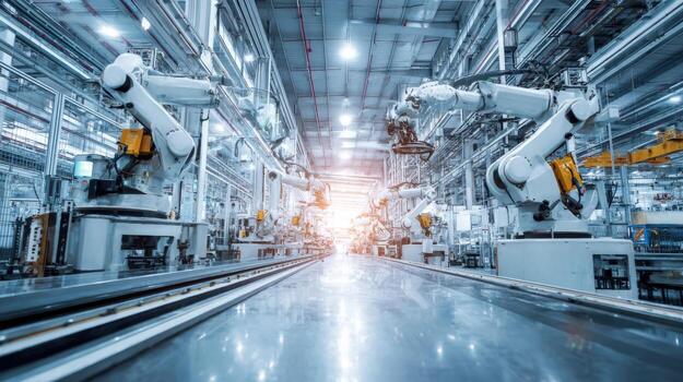 Automated Manufacturing Robotic Arms Assembling Automotive Parts in a Modern Industrial Factory Setting, Emphasizing Precision and Efficiency photo