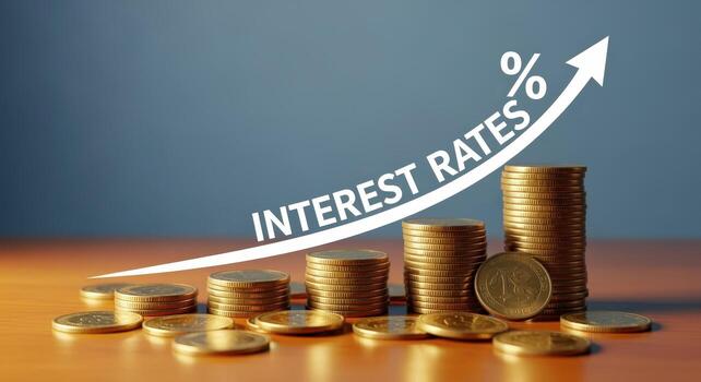 Rising Interest Rates Concept with Stacked Coins and Upward Arrow Symbolizing Financial Growth and Investment Returns photo