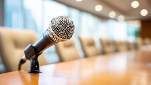 Microphone on Conference Table Ready for Corporate Presentation or Business Meeting in Boardroom photo