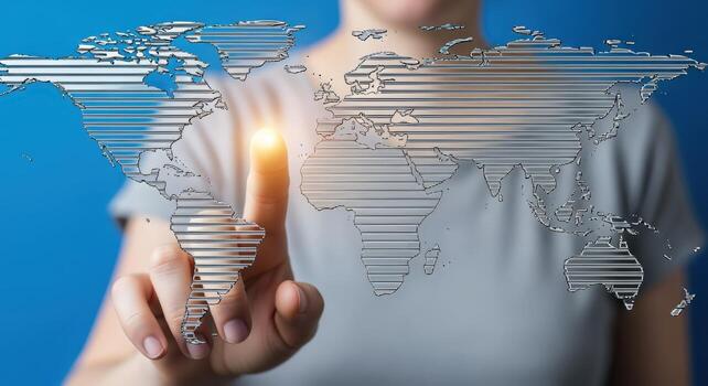 Global Connection Woman Interacting with Digital World Map Interface, Symbolizing Technology and International Reach photo