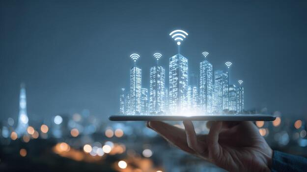 Smart City Technology on Mobile Device Digital Network and Wireless Communication Infrastructure Concept photo