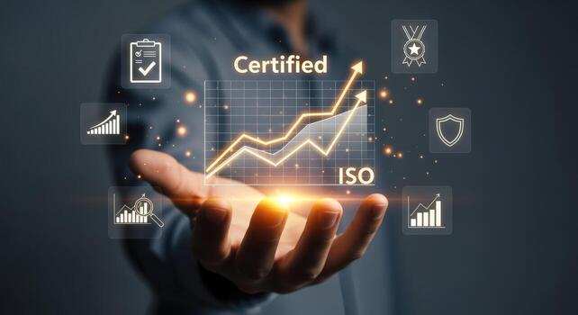 Certification Achievement Man Presenting ISO Standard Growth and Success with Quality Assurance on Virtual Screen photo