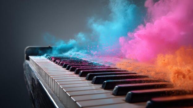 Piano Keys with Vibrant Colorful Powder Explosion, Music Art, Creativity, Performance, and Artistic Expression photo