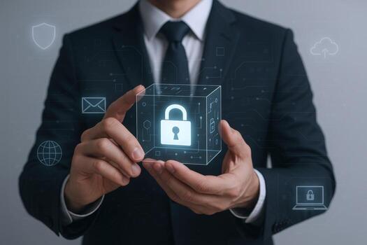 Cybersecurity Concept Man Holding Digital Lock Cube, Representing Data Protection and Network Security photo