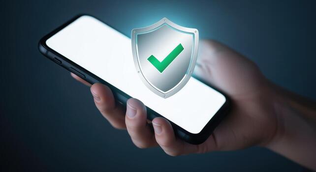 móvil seguridad concepto mano participación teléfono inteligente con seguridad proteger y marca de verificación icono para datos proteccion foto