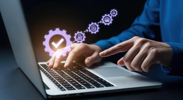 Workflow Automation on Laptop Man Implementing Business Process with Gears and Checkmarks for Optimization photo