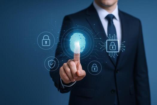 Businessman Using Fingerprint Scan for Cybersecurity Biometric Identification, Data Protection and Encryption, Digital Access Control photo
