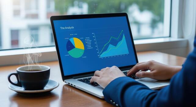 Financial Analyst Reviewing Data on Laptop with Coffee Cup in Modern Workspace Setting photo