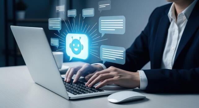 Businesswoman using AI Chatbot on Laptop for Automated Customer Service and Communication photo