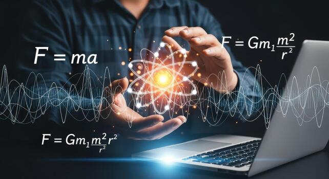 Man Holding Glowing Atom with Physics Equations, Representing Scientific Breakthroughs and Technological Innovations in Research photo