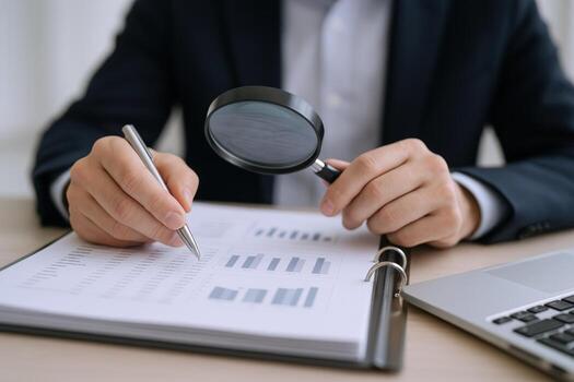 Man Inspecting Financial Data with Magnifying Glass, Analyzing Documents and Business Report on Clipboard photo