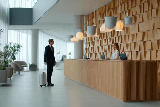 Hotel Reception Business Traveler Checking In at Modern Lobby Counter with Concierge Assistance photo