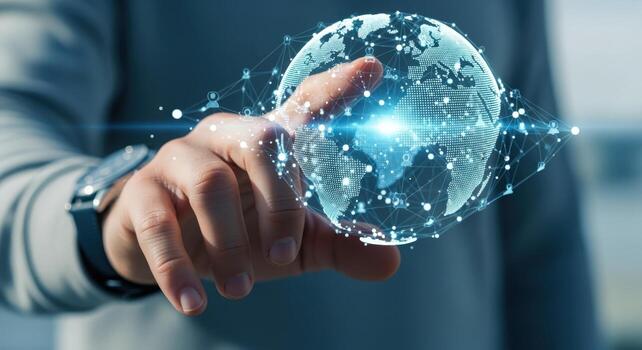 Global Network Visualization Man Interacting with Digital Earth for Technology and Connectivity Concepts photo