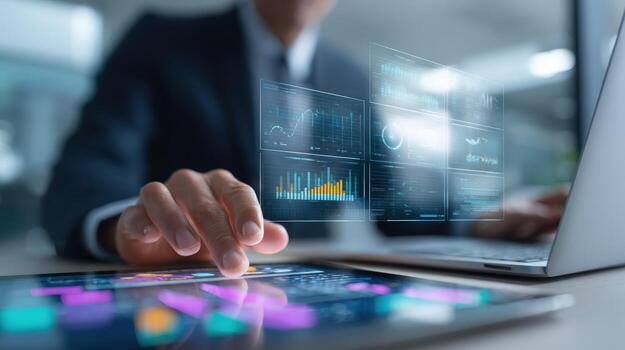 Data Analysis with Futuristic Interface Businessman Analyzing Business Intelligence Analytics on Digital Tablet and Laptop photo