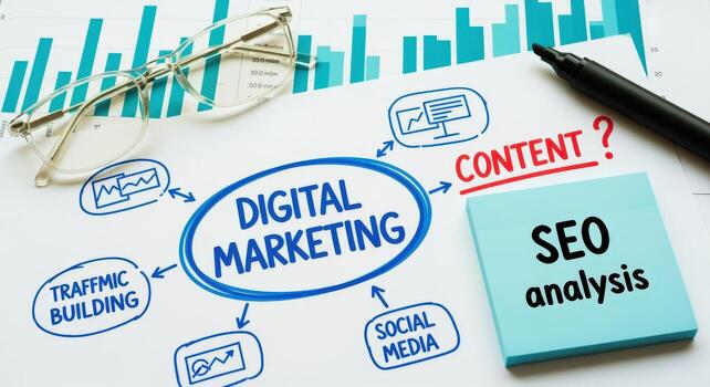 Digital Marketing Strategy Concept with SEO Analysis, Content Creation, Social Media, and Traffic Building for Business Growth photo