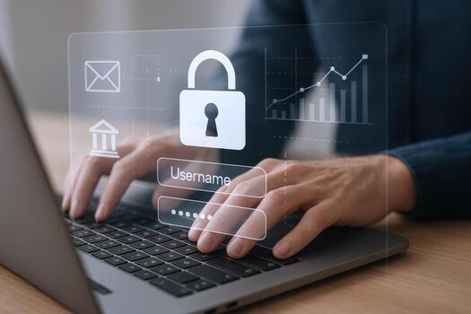 Online Security Interface Person Typing on Laptop with Digital Security Overlay for Data Protection photo