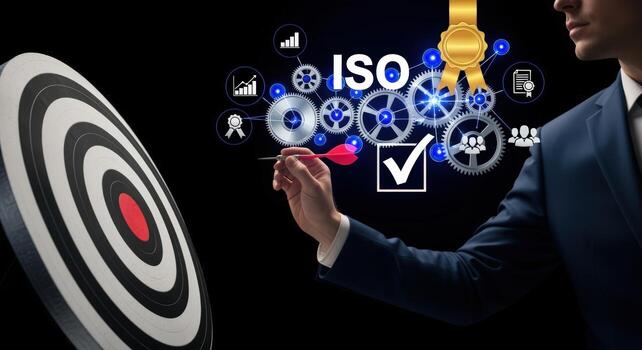 ISO Certification Concept Businessman Aiming for Quality Standards in Business Operations and Management Processes photo