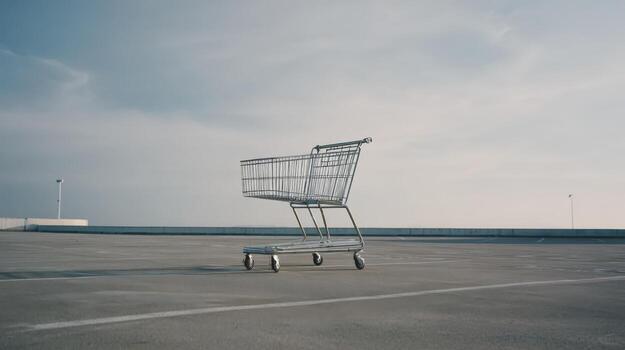Abandoned Shopping Cart on Rooftop Parking Deck with Overcast Sky Background, Symbolizing Retail Challenges photo