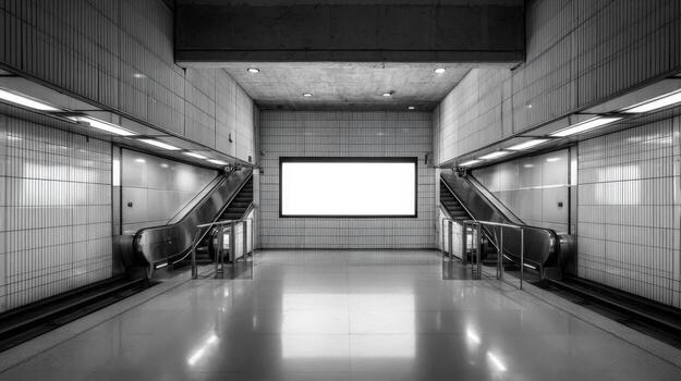 Subway Station Interior with Escalators and a Blank Billboard, Modern Architecture in Urban Public Space photo
