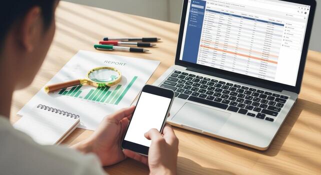 Analyzing Financial Data and Market Trends with Technology Laptop, Smartphone, Magnifying Glass and Printed Report photo